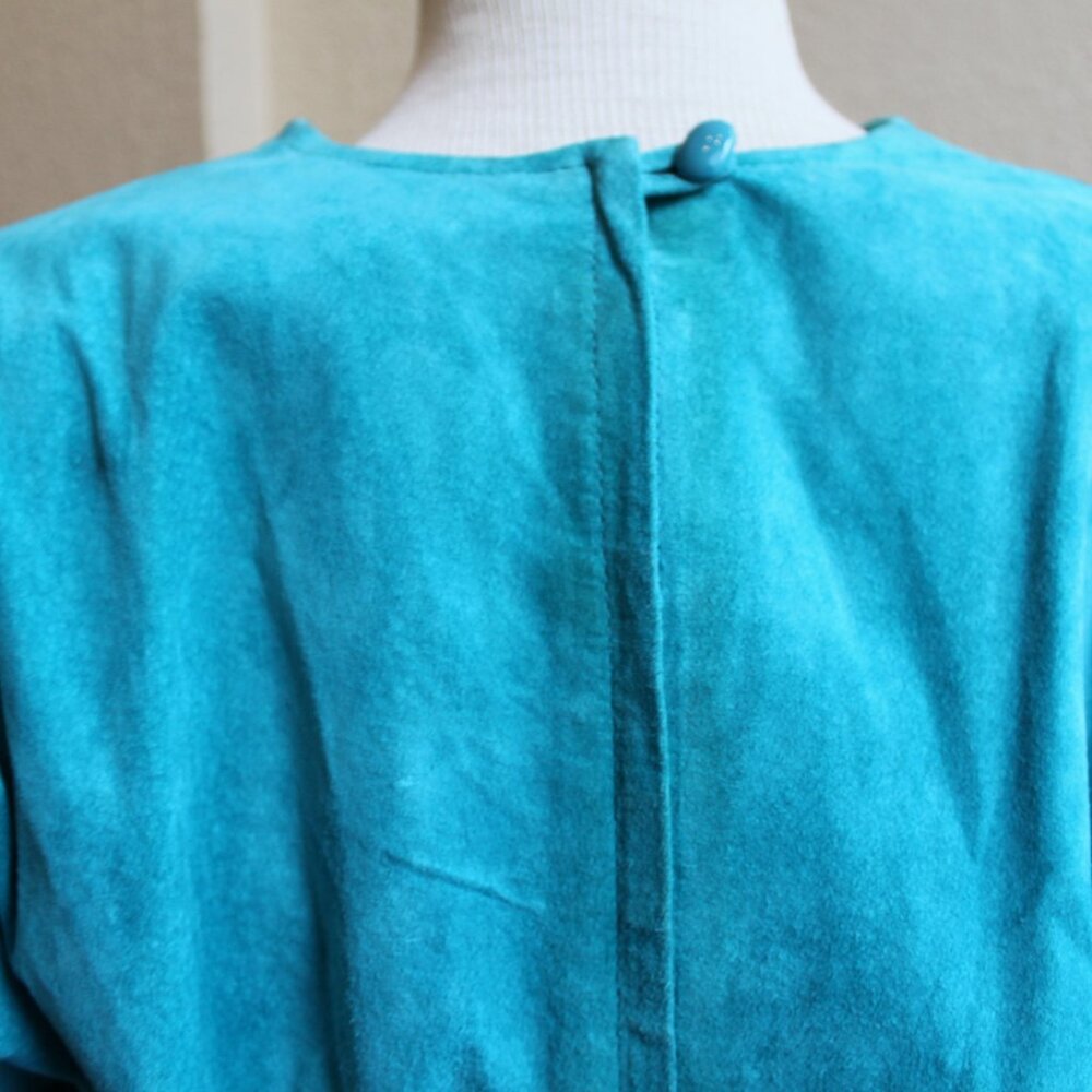 Vintage 80's Turquoise Suede Leather Fitted Dress From Nordstrom L 28" waist - Picture 3 of 9